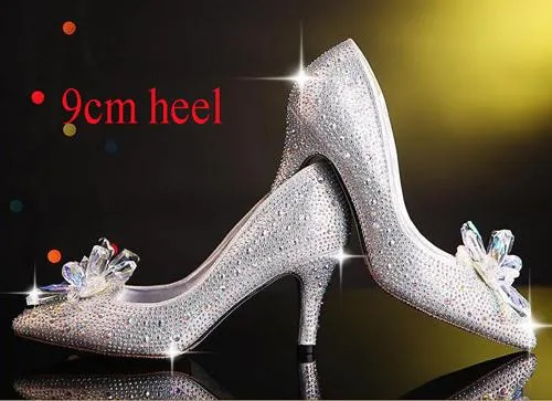 2017 New Rhinestone High Heels Cinderella Shoes Women Pumps Pointed toe Woman Crystal Wedding Shoes 7cm or 9cm heel big size