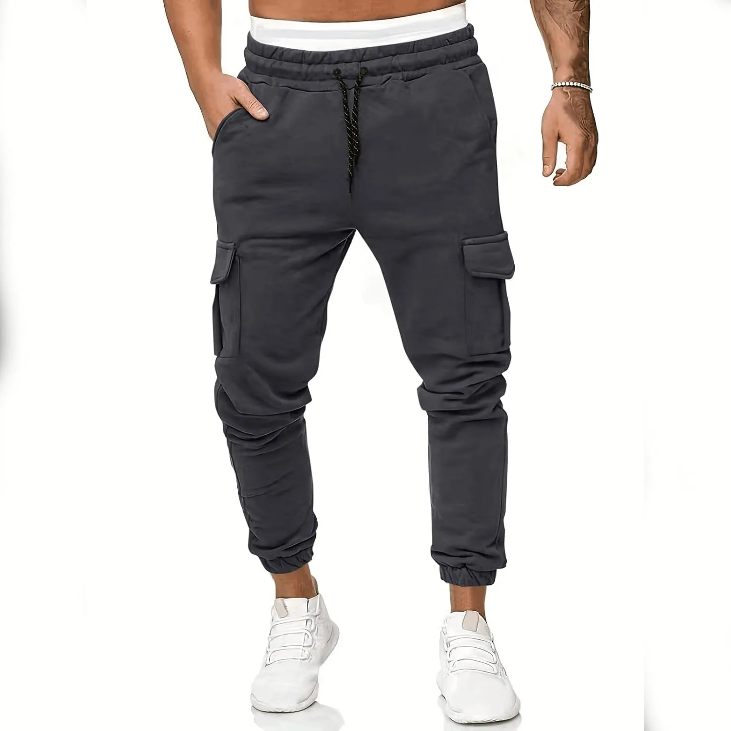 2023 Men's Cargo Sweatpant Multi Pockets Stylish Plus Size Sport Trousers Mens Basic Jogger Sweatpants Lightweight Pant