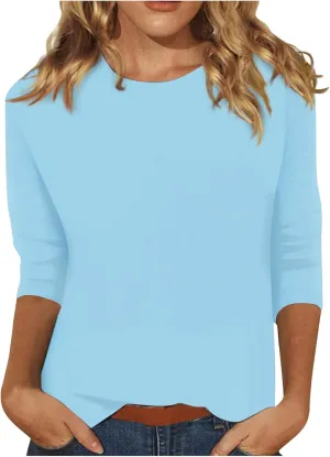 3/4 Length Sleeve Tops for Women 2025 Crewneck Casual Tunic Tops Loose Fit Shirts Blouses