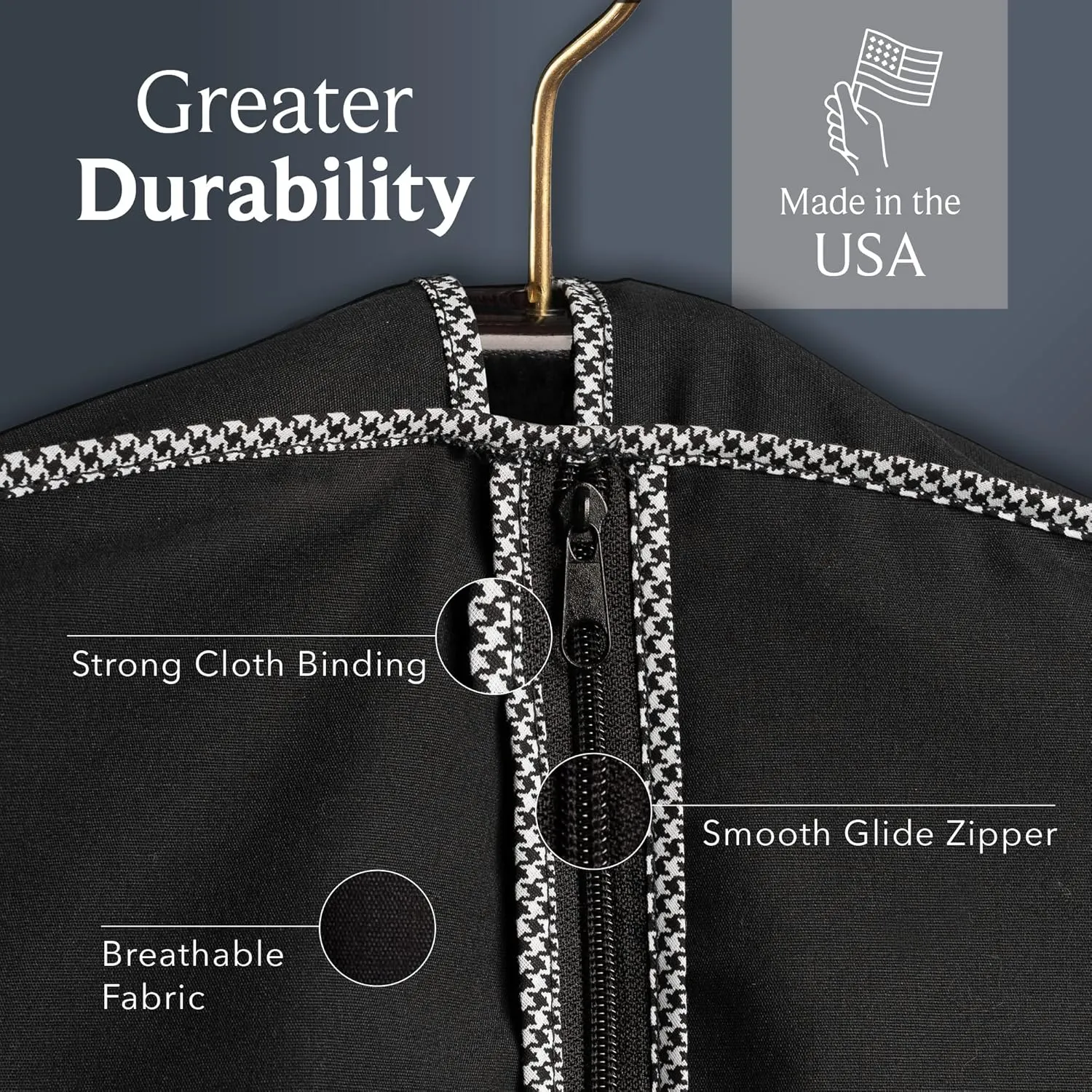 60" Luxury Fur Coat Cotton Blend Cloth Garment Bags for Travel & Hanging Clothes (Black-Houndstooth Trim) - Suit Covers Garment Bag for Men & Women Dress Bag - Closet Storage Suit Bag, Coat Storage