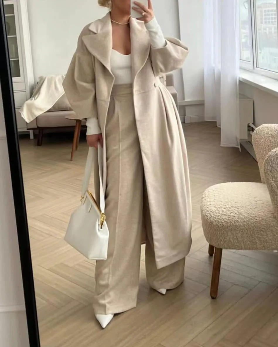 Akivide Womens Double Breasted Long Pea Coats Lapel Lantern Sleeve Maxi Trench Coats Fall Winter Wool Blend Overcoat