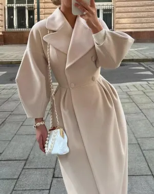 Akivide Womens Double Breasted Long Pea Coats Lapel Lantern Sleeve Maxi Trench Coats Fall Winter Wool Blend Overcoat