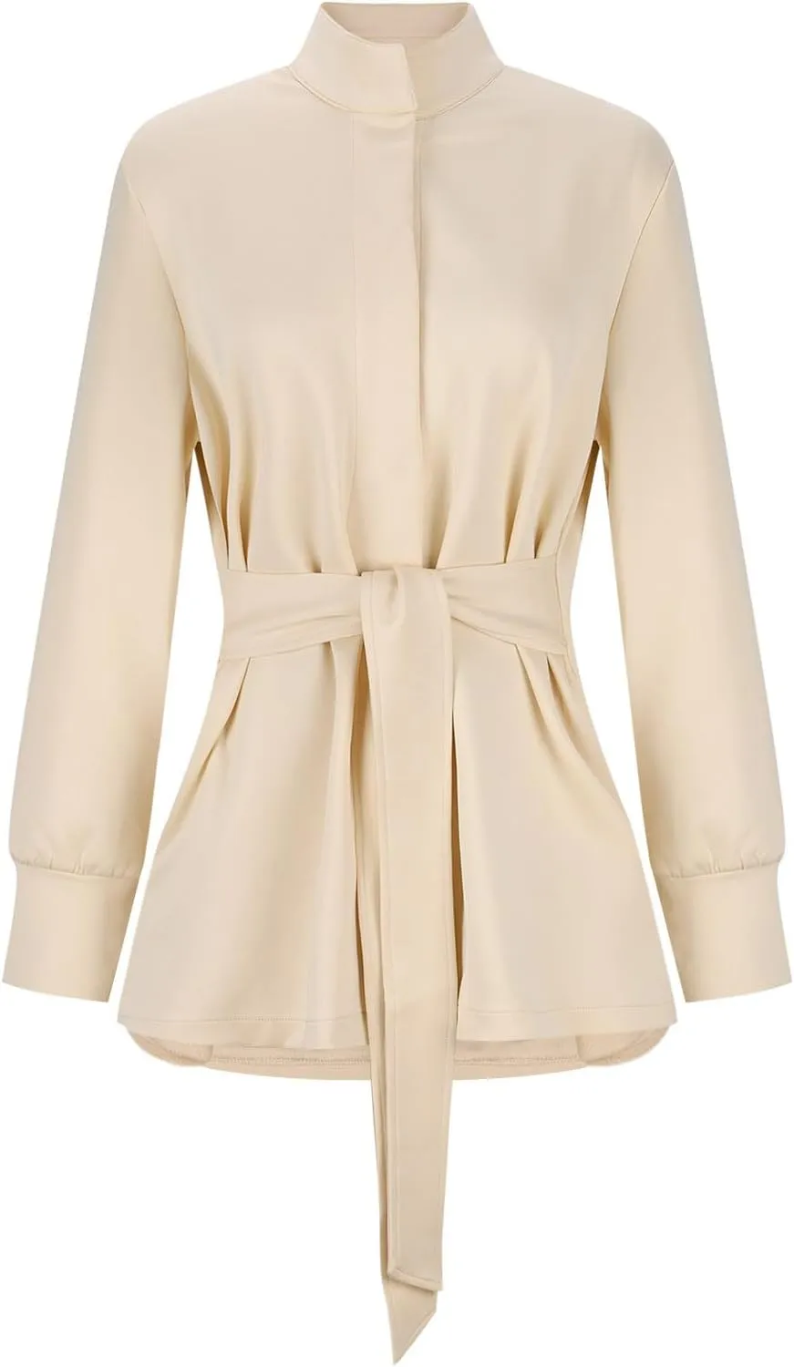 Akklian Womens Jacket Casual Long Sleeve Belted Wrap Trench Coat 2024 Fall Fashion Button Up Cropped Outerwear with Pockets