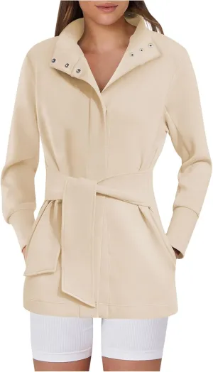 Akklian Womens Jacket Casual Long Sleeve Belted Wrap Trench Coat 2024 Fall Fashion Button Up Cropped Outerwear with Pockets