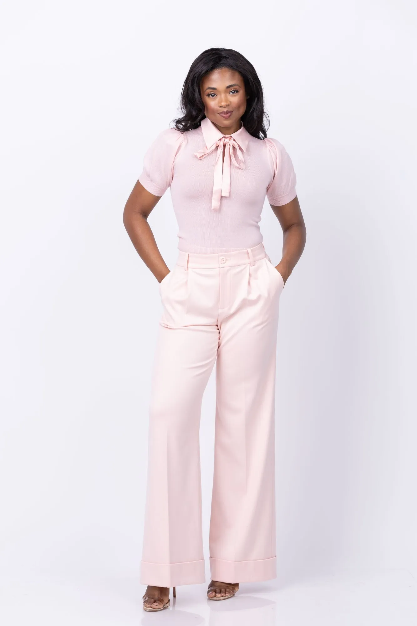 Alice   Olivia Tomasa High Rise Full Length Cuff Pants in Pearl Blush