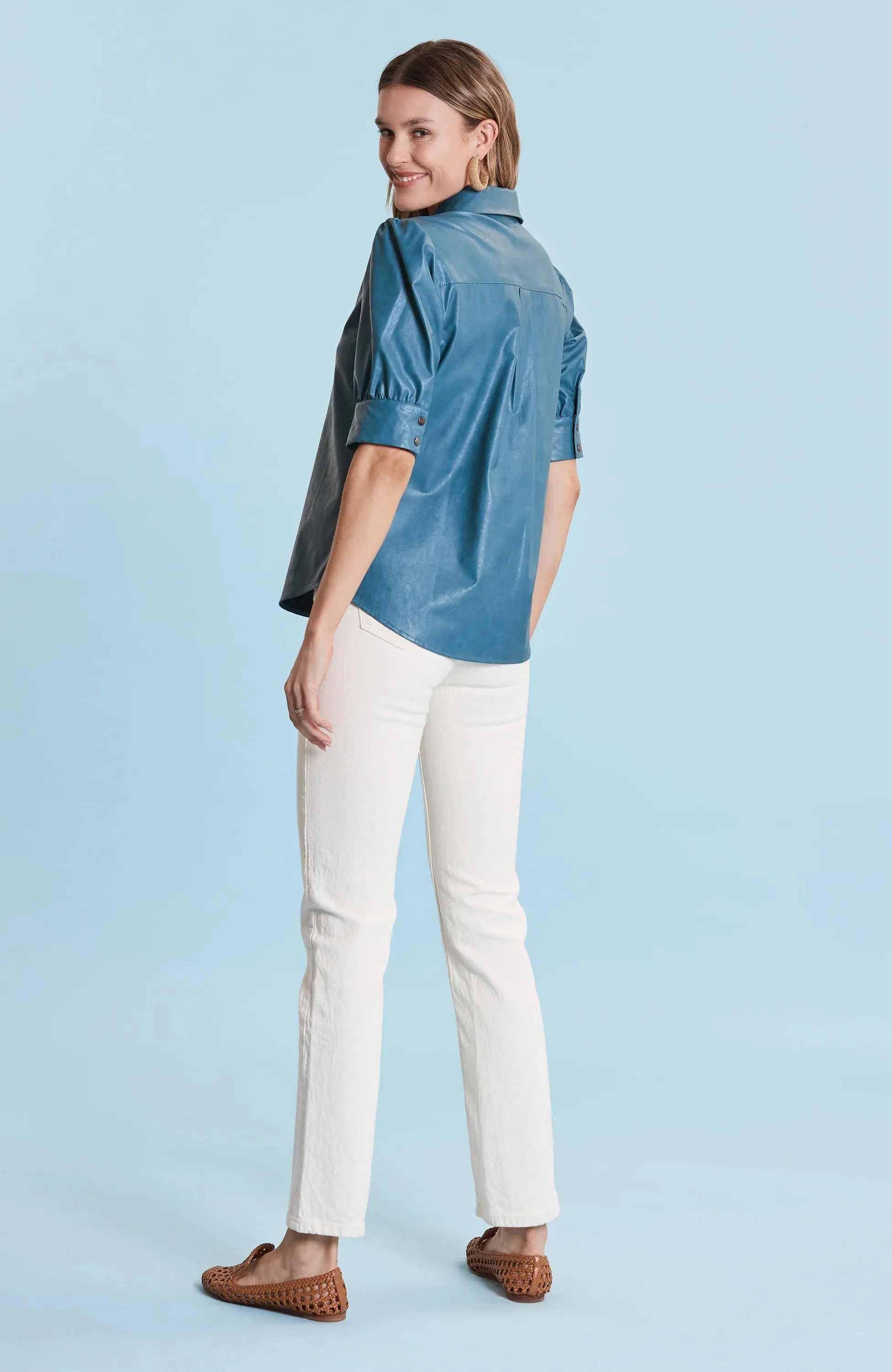 Alice Vegan Leather Shirt - Deep Aquamarine