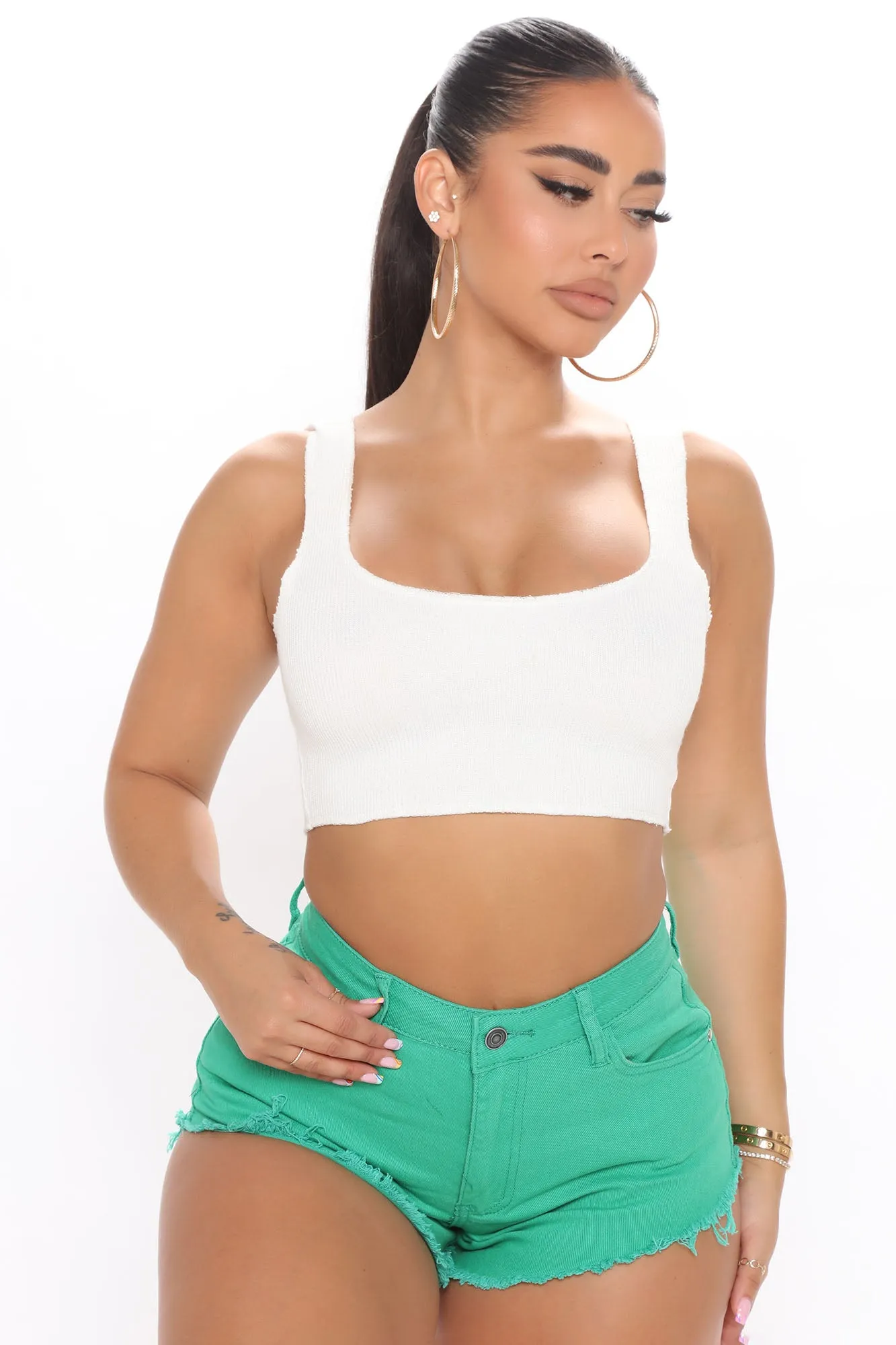 All In The Mix Cut Off Denim Shorts - Kelly Green
