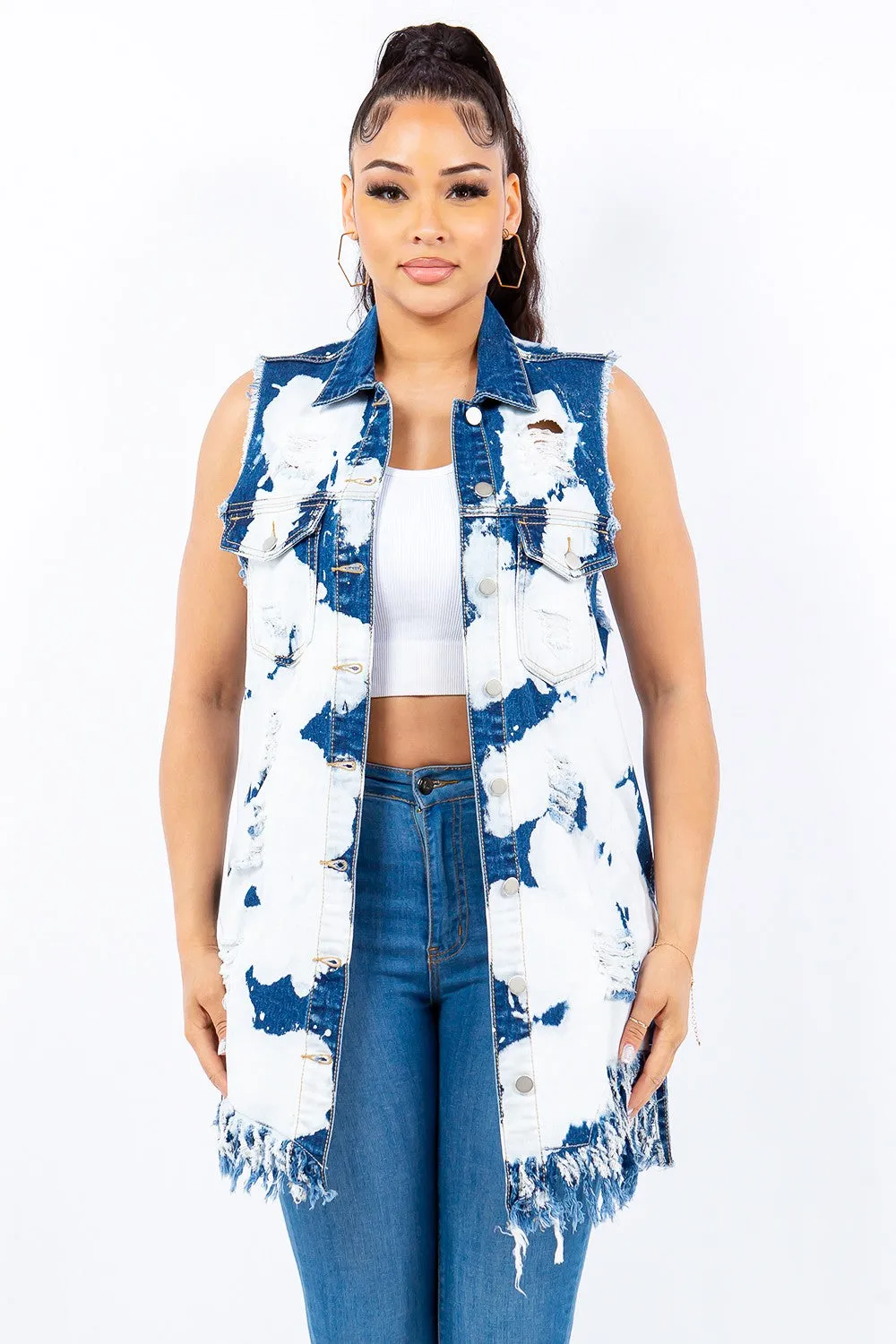 American Bazi Denim Vest - Frayed Edge, Button-Up Style