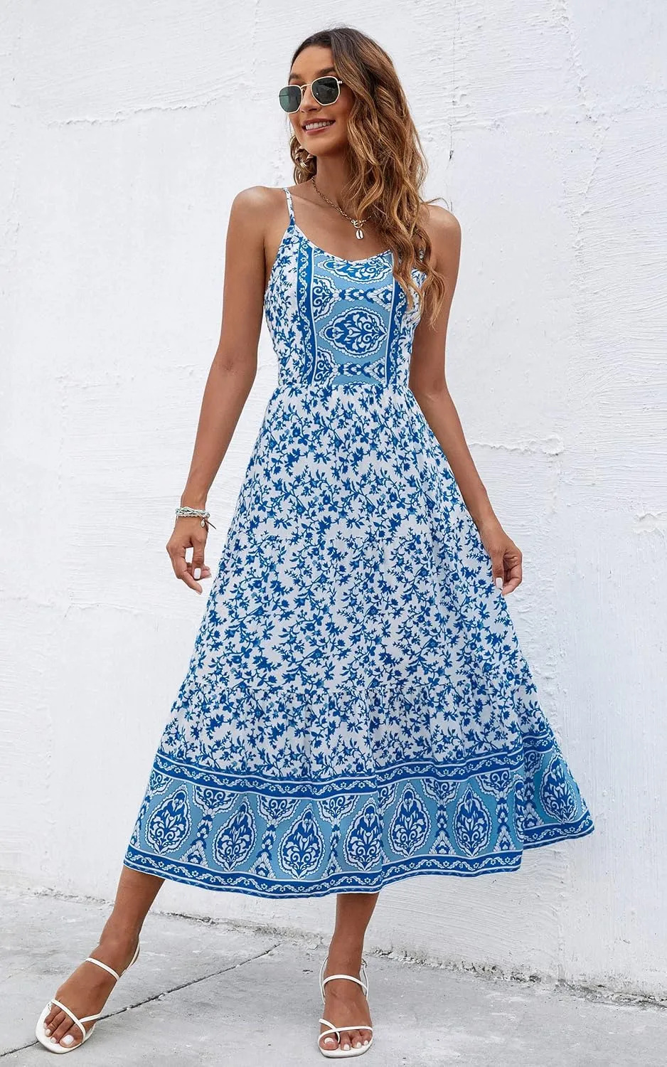 Angashion Women's Dresses Floral Adjustable Spaghetti Strap V Neck Boho Long Maxi Dress Summer Beach Flowy Ethnic Sundress