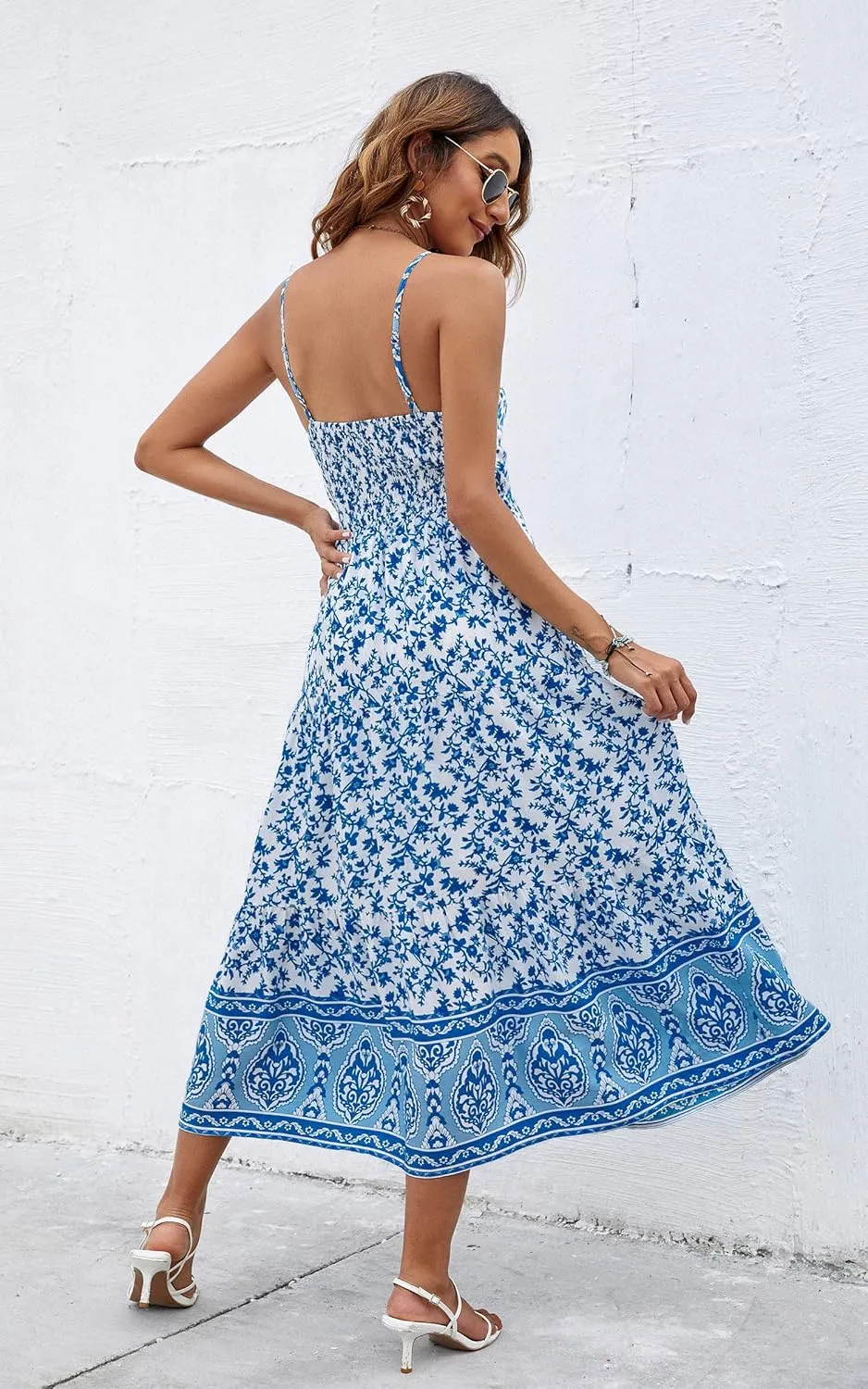 Angashion Women's Dresses Floral Adjustable Spaghetti Strap V Neck Boho Long Maxi Dress Summer Beach Flowy Ethnic Sundress