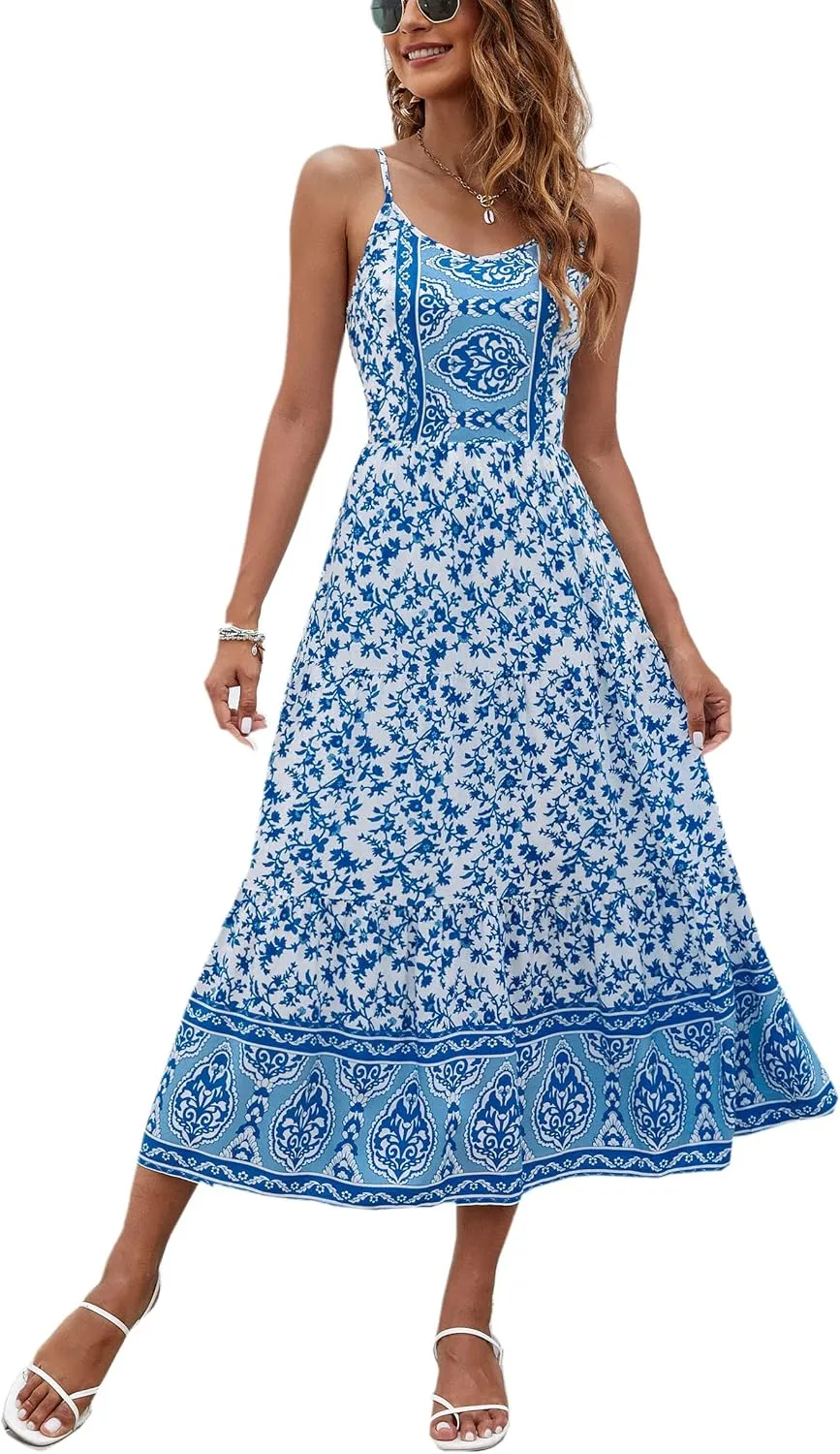 Angashion Women's Dresses Floral Adjustable Spaghetti Strap V Neck Boho Long Maxi Dress Summer Beach Flowy Ethnic Sundress