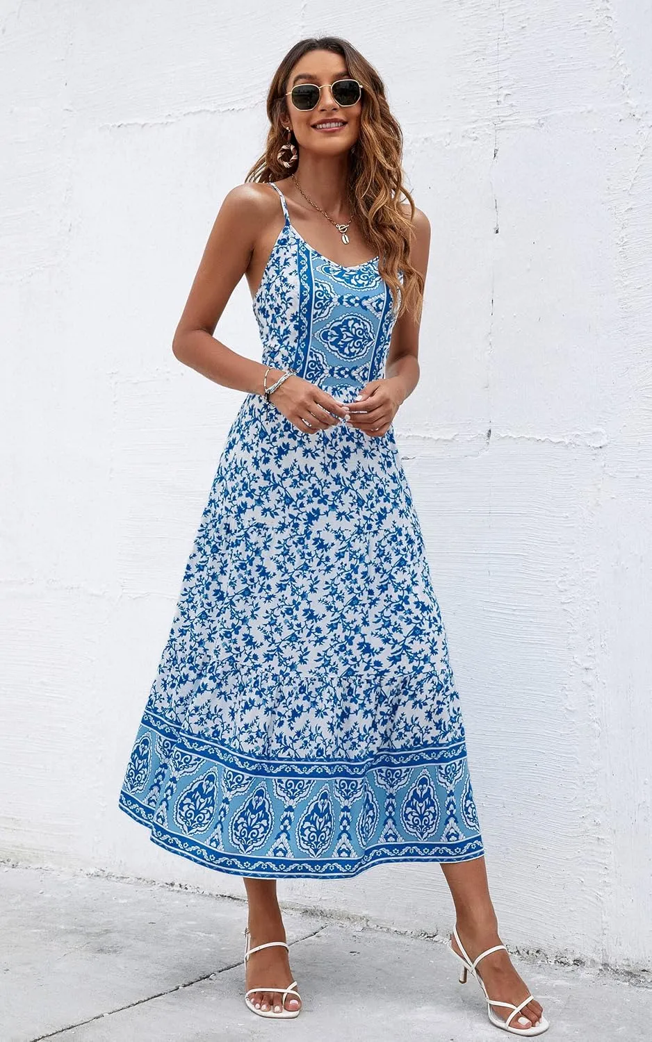 Angashion Women's Dresses Floral Adjustable Spaghetti Strap V Neck Boho Long Maxi Dress Summer Beach Flowy Ethnic Sundress
