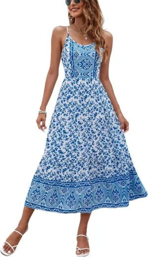 Angashion Women's Dresses Floral Adjustable Spaghetti Strap V Neck Boho Long Maxi Dress Summer Beach Flowy Ethnic Sundress
