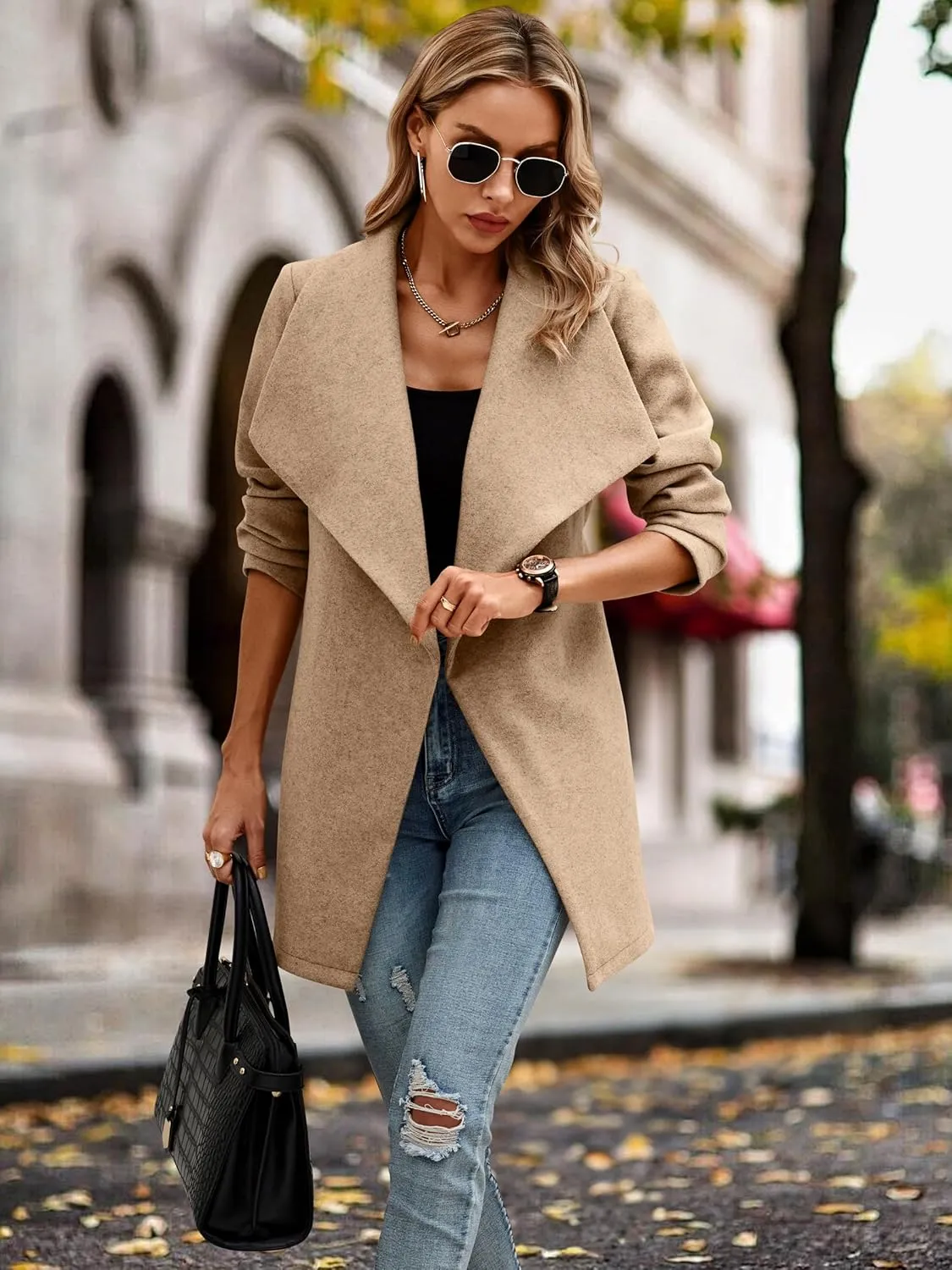 AOVDE Women's Winter Wool Coat: Classic Lapel Collar Jacket - Casual Mid-Long Open Front Blend Overcoat With Belt