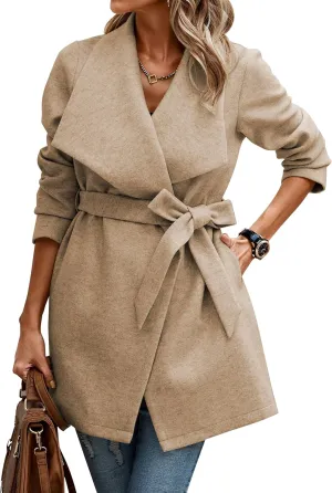AOVDE Women's Winter Wool Coat: Classic Lapel Collar Jacket - Casual Mid-Long Open Front Blend Overcoat With Belt