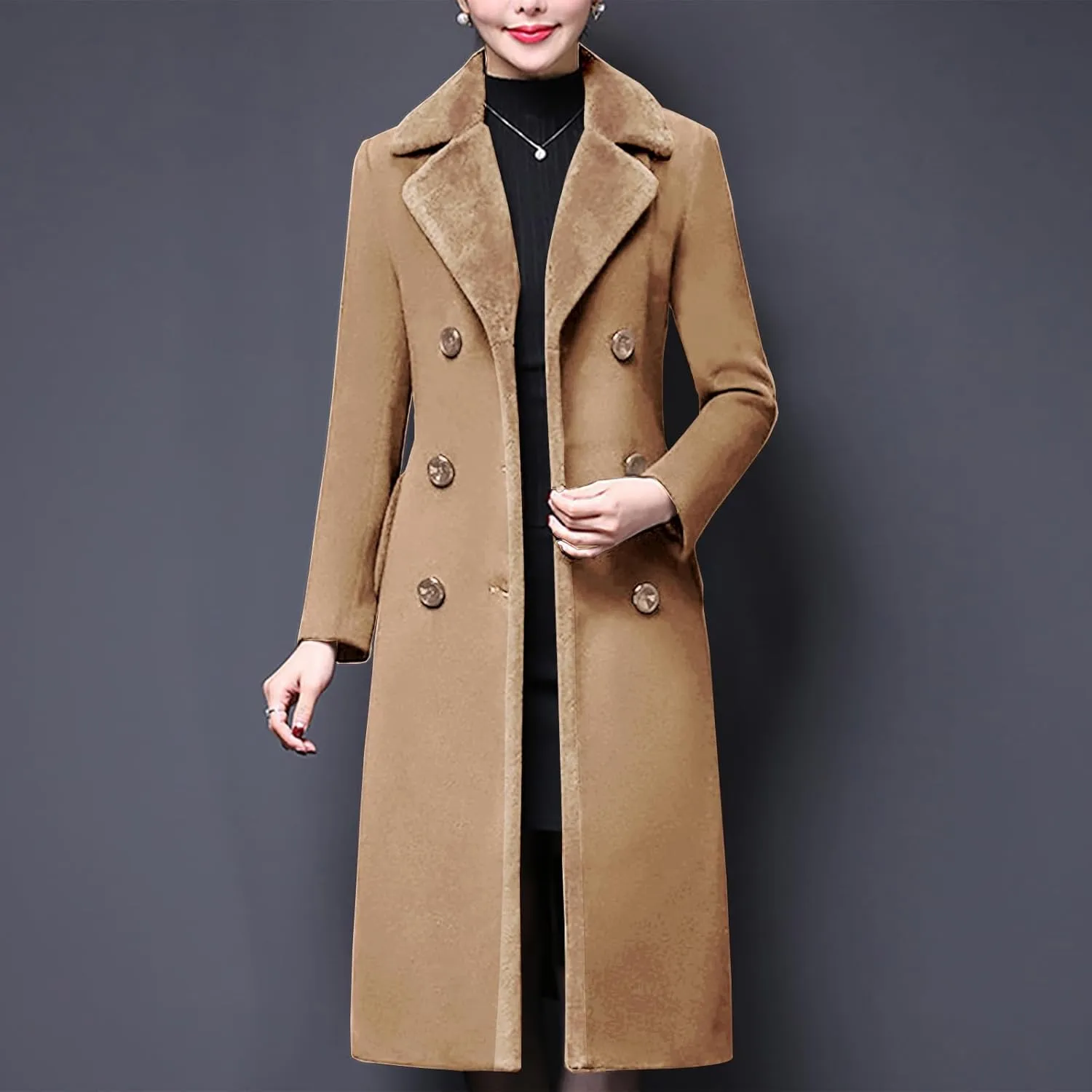 Aprsfn Women's Winter Wool Coats Double-breasted Notched Lapel Warm Jackets Midi Long Peacoat Long Sleeve Pea Coats