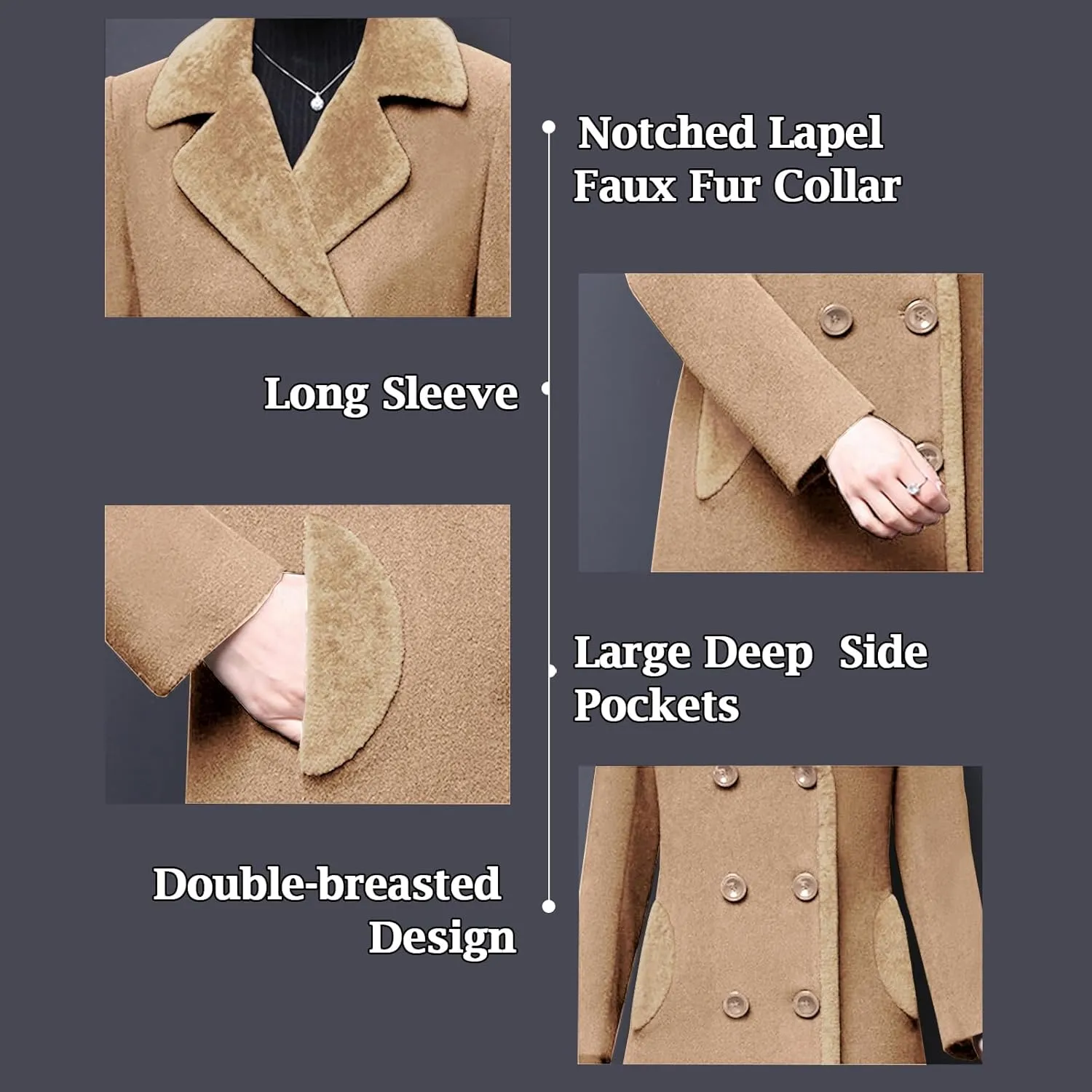 Aprsfn Women's Winter Wool Coats Double-breasted Notched Lapel Warm Jackets Midi Long Peacoat Long Sleeve Pea Coats