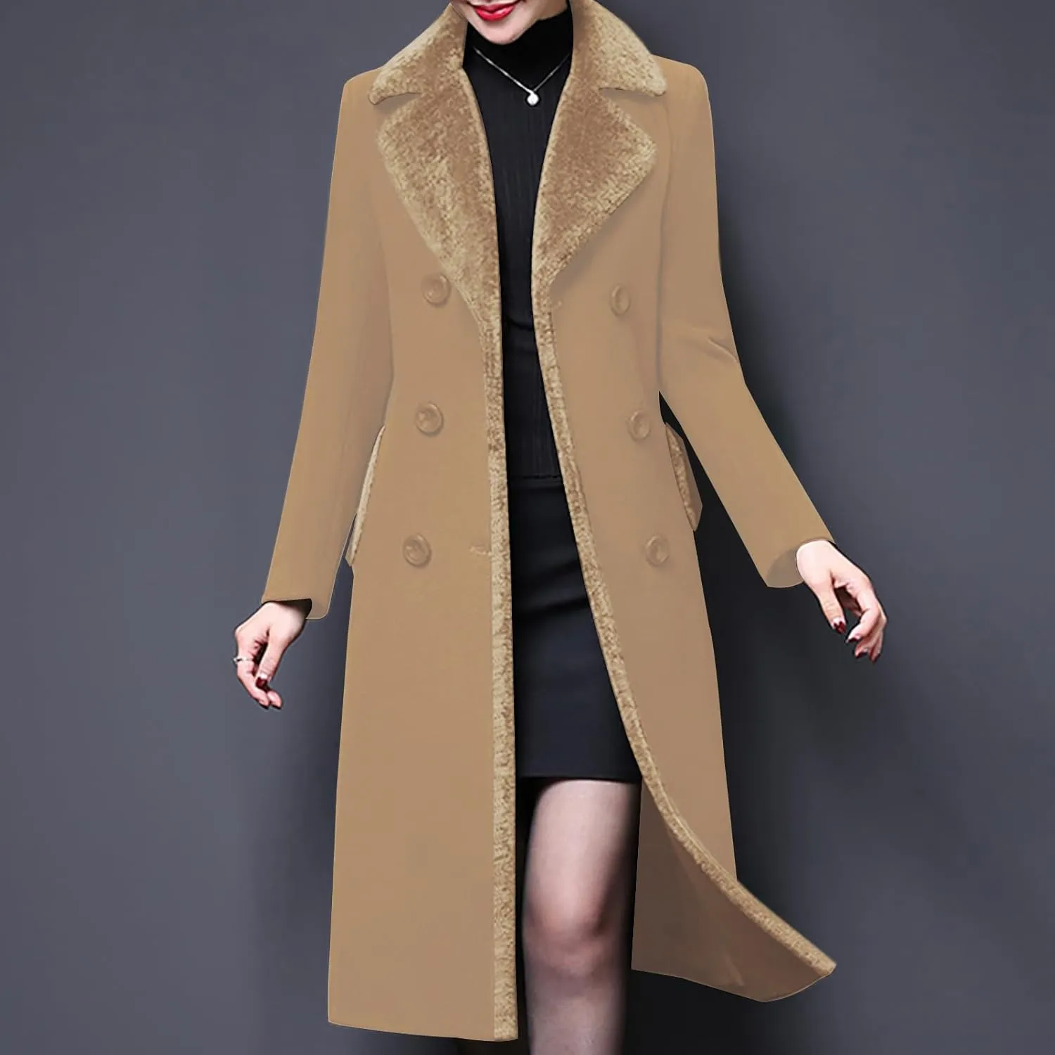 Aprsfn Women's Winter Wool Coats Double-breasted Notched Lapel Warm Jackets Midi Long Peacoat Long Sleeve Pea Coats