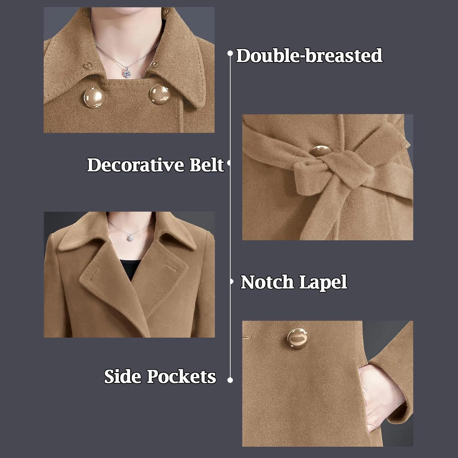 Aprsfn Women's Winter Wool Coats Warm Double-breasted Notched Lapel Jackets Midi Long Peacoat Long Sleeve Pea Coats
