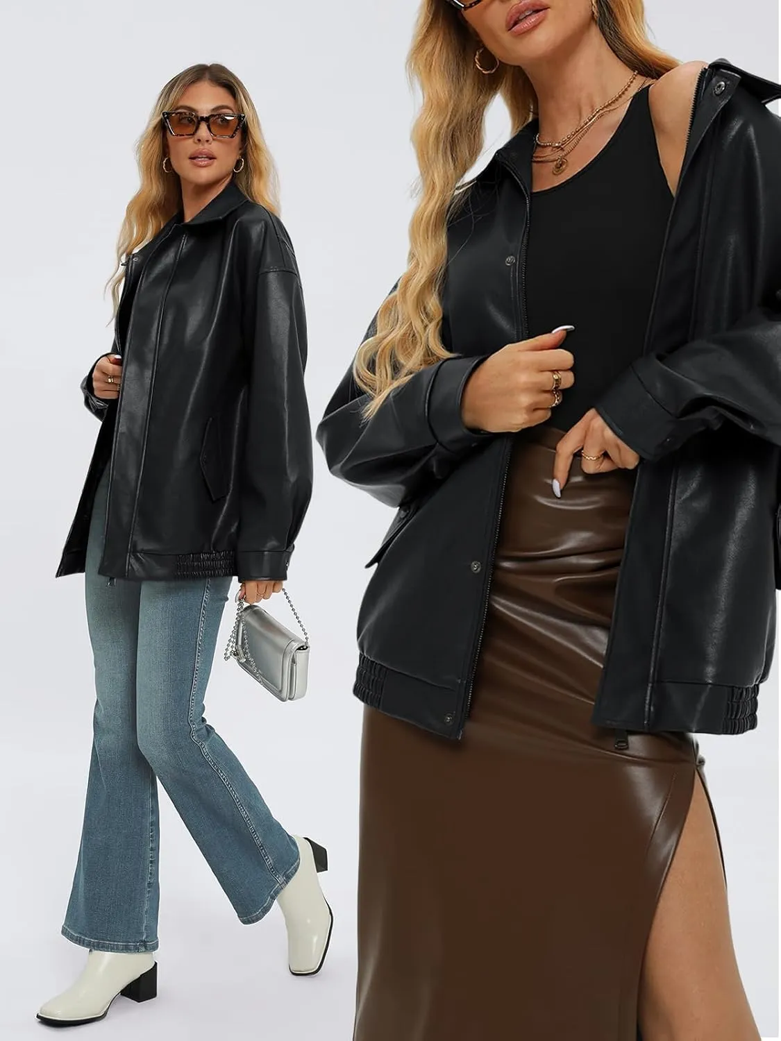 AUTOMET Women's Oversized Leather Jackets Faux Suede 2024 Fall Zip Up Motorcycle Coats Blazer Jackets for Women Outfits