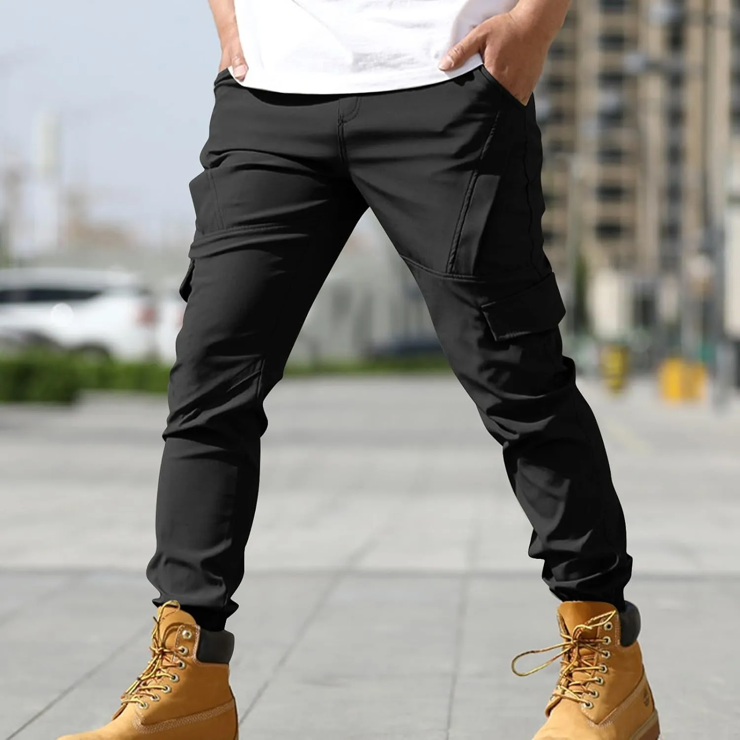 Aymnlox Mens Casual Cargo Pants Baggy Solid Slim Fit Joggers Sweatpants Outdoor Hiking Athletic Gym Trouser with Multi Pocket