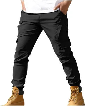 Aymnlox Mens Casual Cargo Pants Baggy Solid Slim Fit Joggers Sweatpants Outdoor Hiking Athletic Gym Trouser with Multi Pocket
