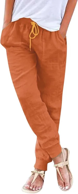 Black Linen Pants Women Tapered Summer Drawstring Elastic Waist High Waisted Lounge Sweatpants Casual Beach Trousers