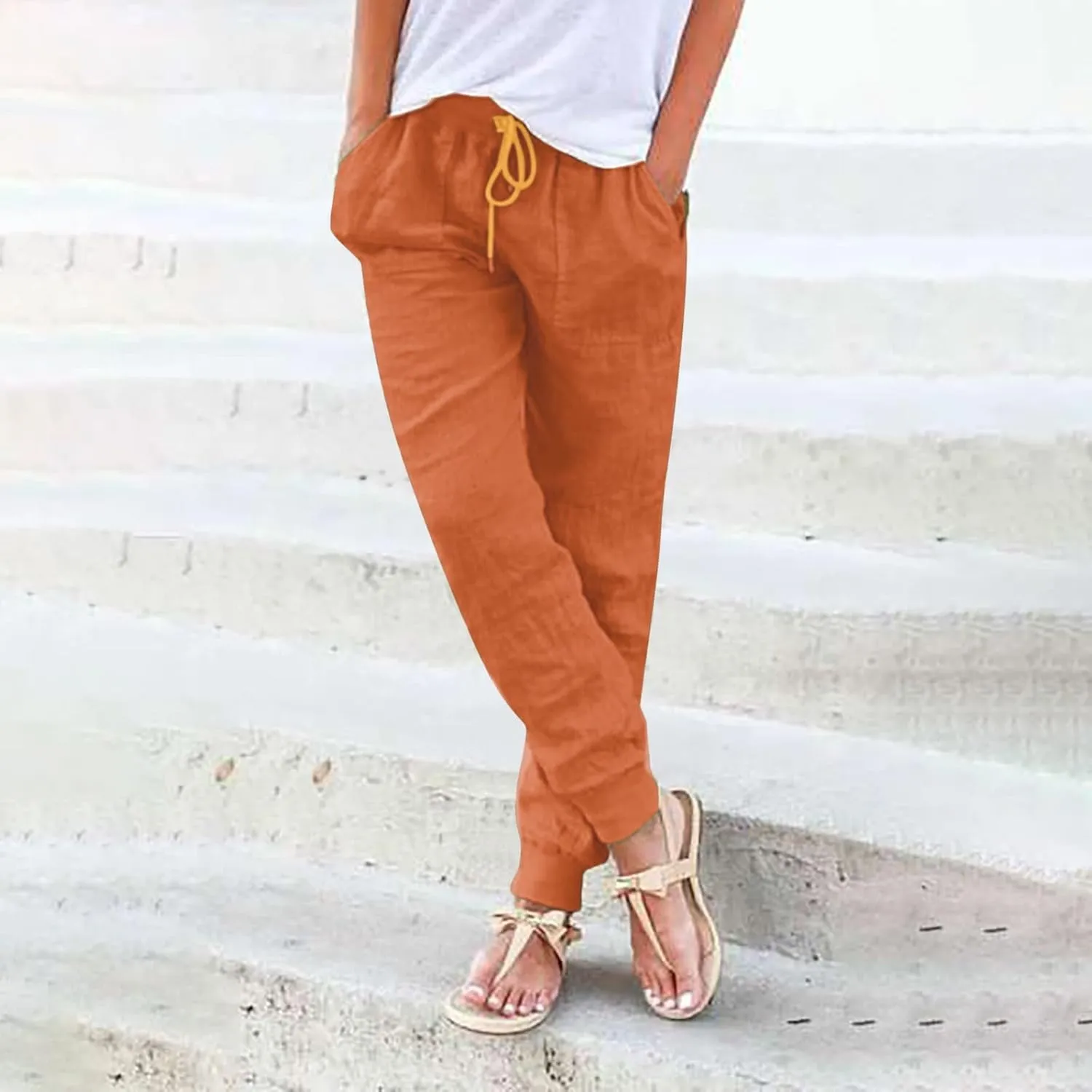 Black Linen Pants Women Tapered Summer Drawstring Elastic Waist High Waisted Lounge Sweatpants Casual Beach Trousers