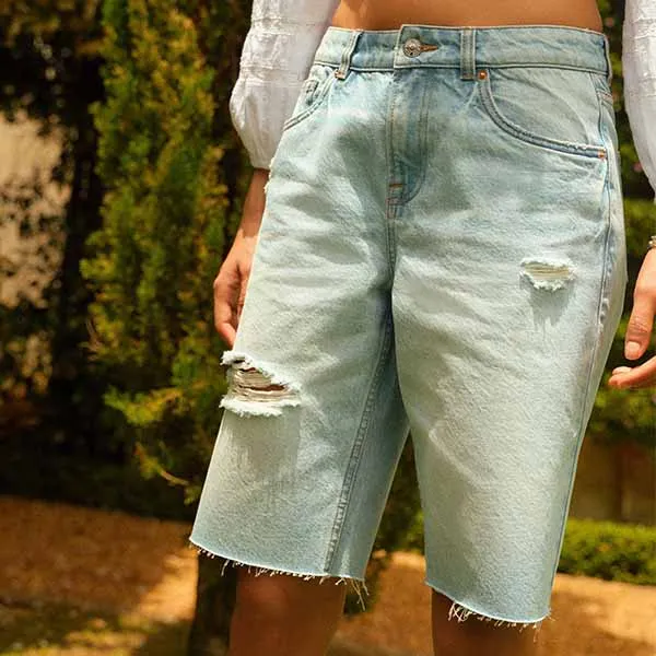 Bleach Ripped Denim Bermuda Shorts