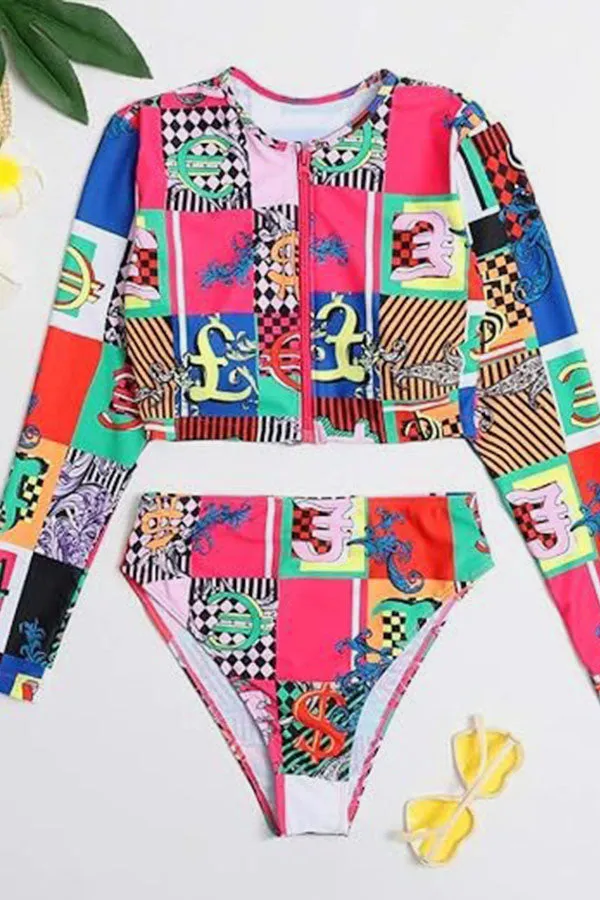 Block Print Bathing Suit Zipper Up Crop Long Sleeved Swimsuit UPF50  Rash Guard