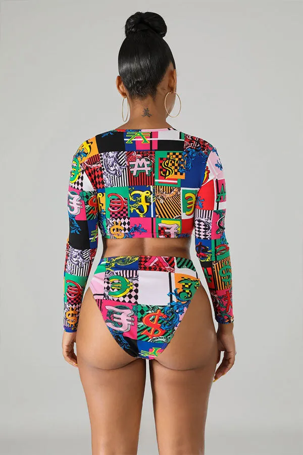 Block Print Bathing Suit Zipper Up Crop Long Sleeved Swimsuit UPF50  Rash Guard