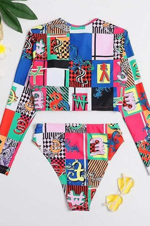 Block Print Bathing Suit Zipper Up Crop Long Sleeved Swimsuit UPF50  Rash Guard