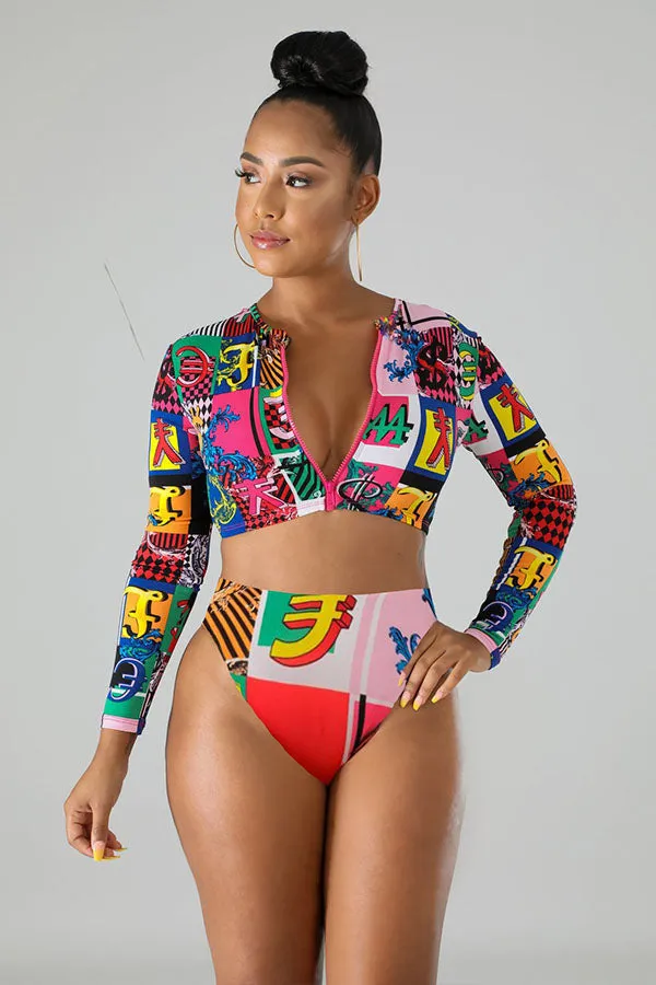 Block Print Bathing Suit Zipper Up Crop Long Sleeved Swimsuit UPF50  Rash Guard