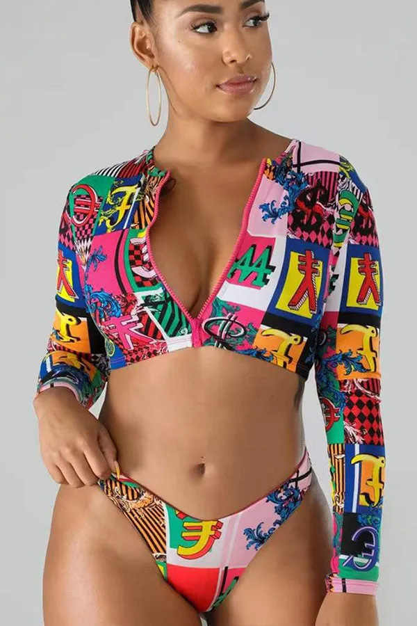 Block Print Bathing Suit Zipper Up Crop Long Sleeved Swimsuit UPF50  Rash Guard