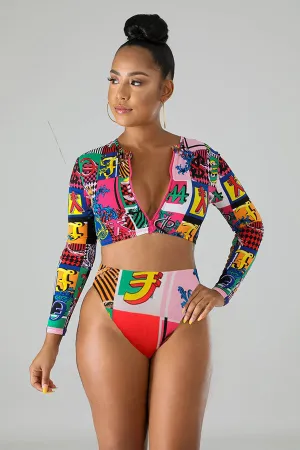 Block Print Bathing Suit Zipper Up Crop Long Sleeved Swimsuit UPF50  Rash Guard
