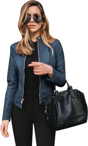 BOFETA Womens Faux Leather Long Sleeve Jackets Quilted Moto Outwear Slim Lapel Coats
