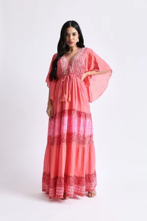 Boho Printed Hand Work Butterfly sleeves maxi dress in Rosette Glow