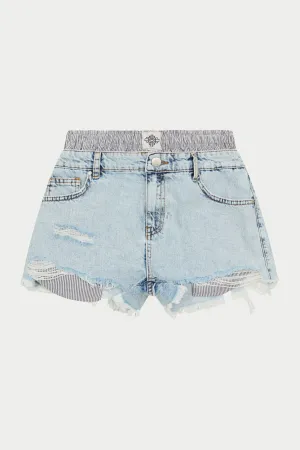 BOXER WAISTBAND DENIM SHORTS - LIGHT BLUE WASH