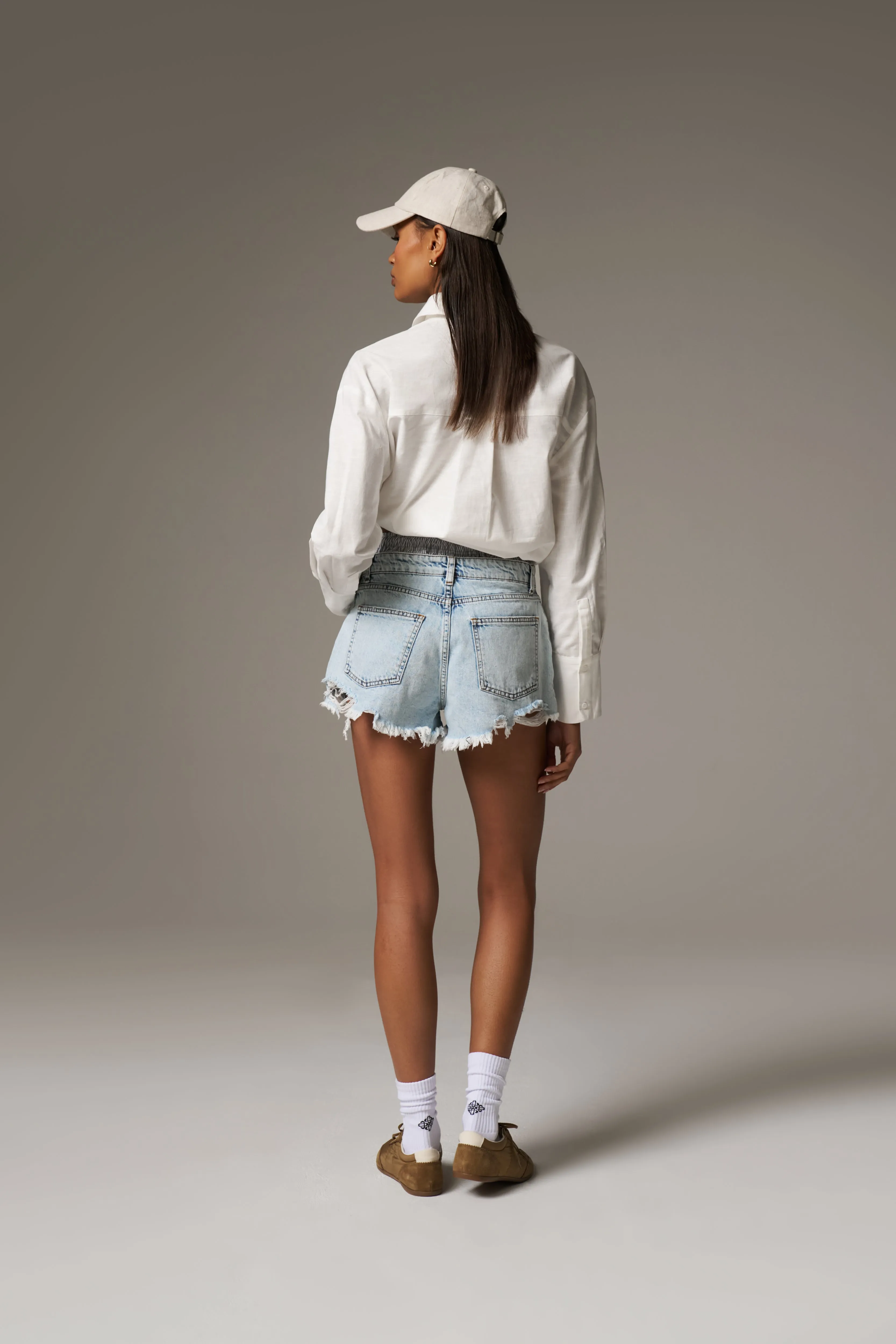 BOXER WAISTBAND DENIM SHORTS - LIGHT BLUE WASH