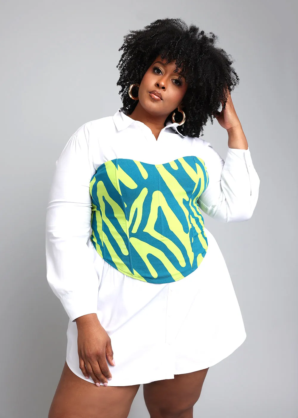 Caimile Women's African Print Stretch Corset (Lime Zebra Abstract)