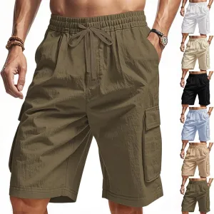 Cargo Shorts for Men Stretch Waist Drawstring Slim Fishing Hiking Long Chino Shorts Lounge Work Pants Multi Pockets