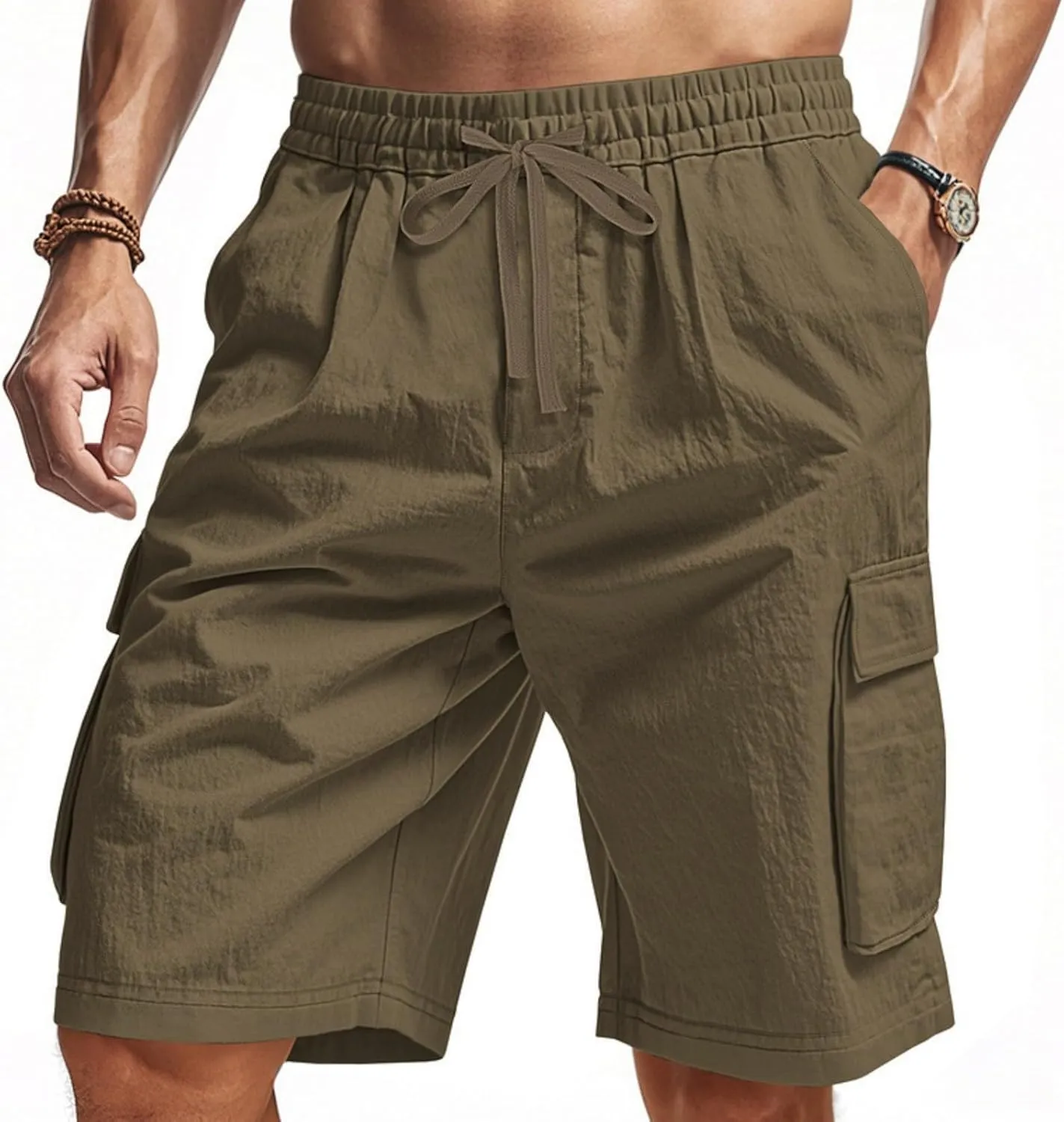 Cargo Shorts for Men Stretch Waist Drawstring Slim Fishing Hiking Long Chino Shorts Lounge Work Pants Multi Pockets