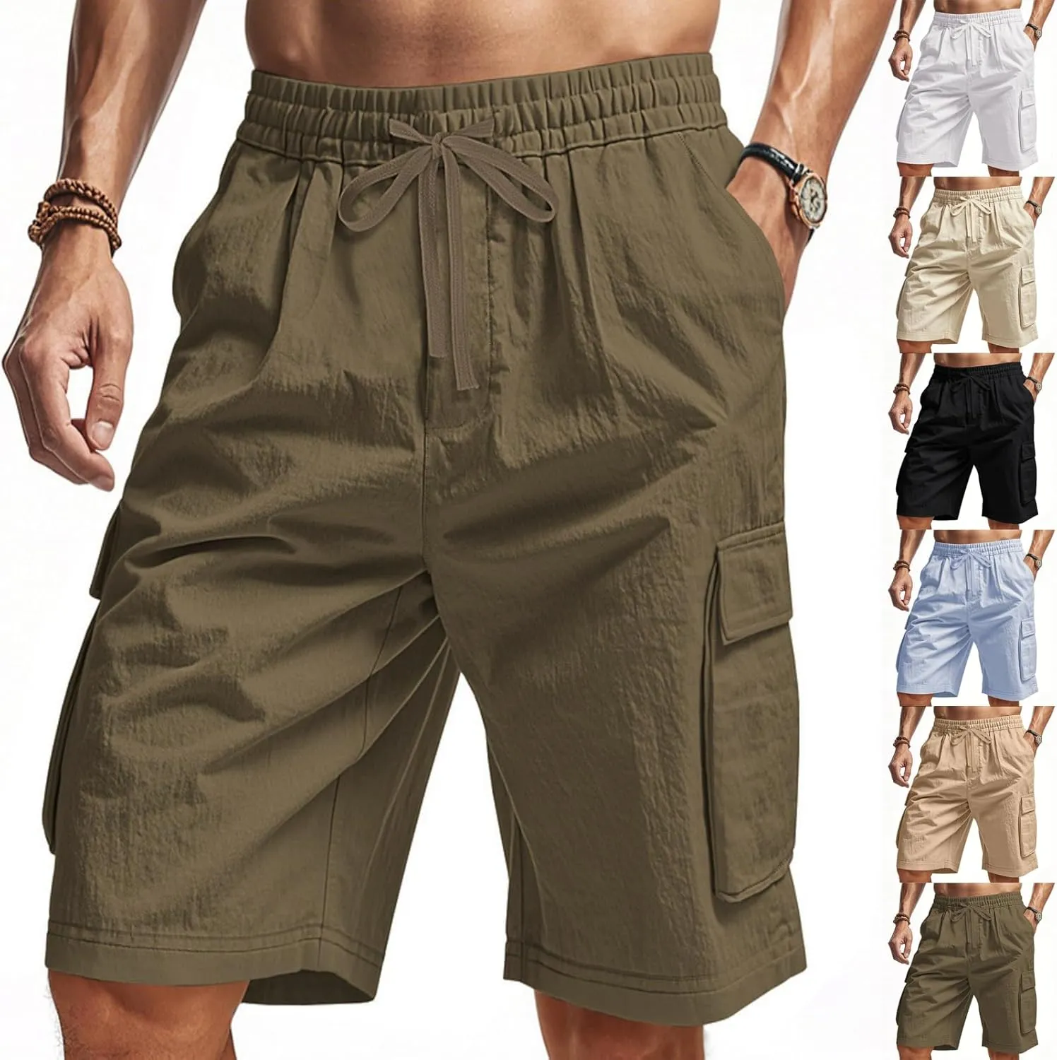 Cargo Shorts for Men Stretch Waist Drawstring Slim Fishing Hiking Long Chino Shorts Lounge Work Pants Multi Pockets