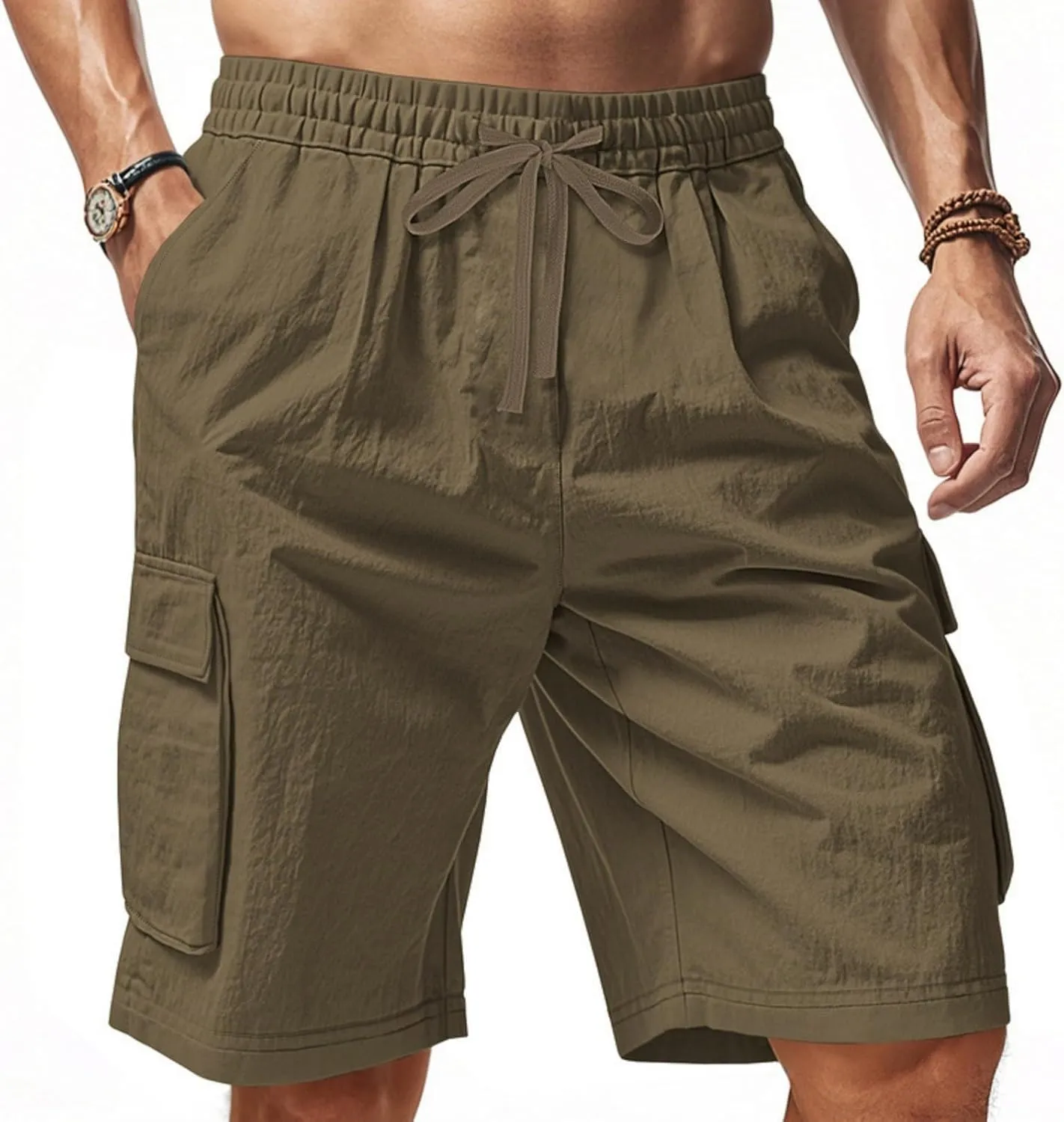 Cargo Shorts for Men Stretch Waist Drawstring Slim Fishing Hiking Long Chino Shorts Lounge Work Pants Multi Pockets
