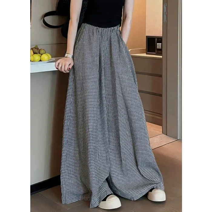 Casual Black Plaid Pockets Elastic Waist Wide Leg Pants VB1045