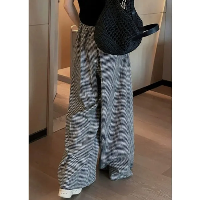 Casual Black Plaid Pockets Elastic Waist Wide Leg Pants VB1045