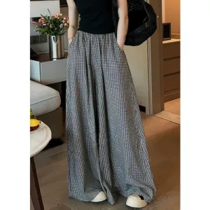 Casual Black Plaid Pockets Elastic Waist Wide Leg Pants VB1045