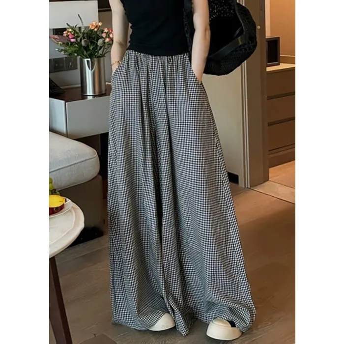 Casual Black Plaid Pockets Elastic Waist Wide Leg Pants VB1045