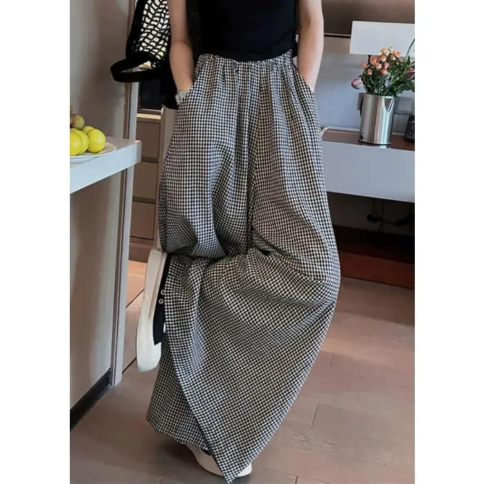 Casual Black Plaid Pockets Elastic Waist Wide Leg Pants VB1045
