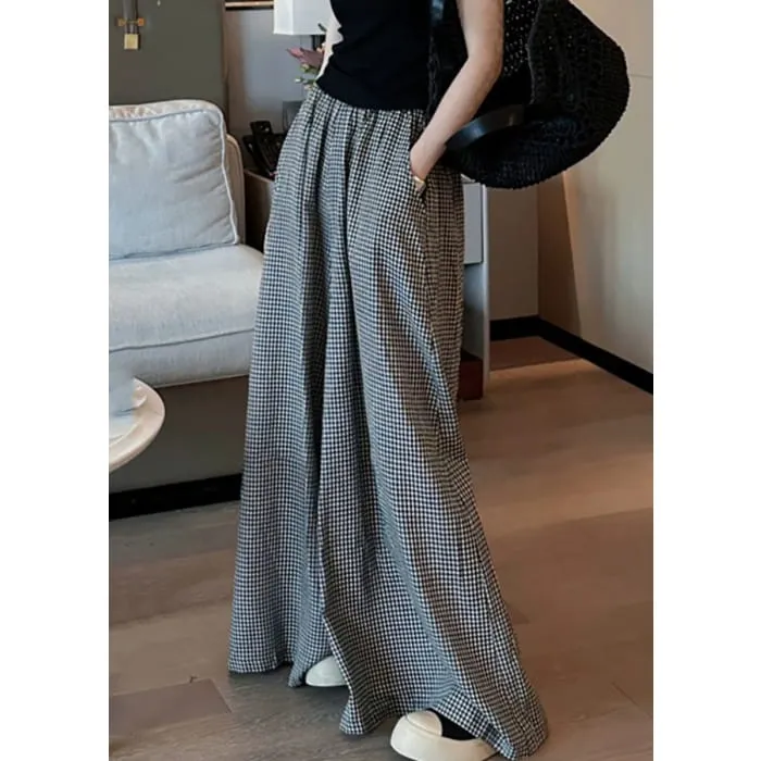 Casual Black Plaid Pockets Elastic Waist Wide Leg Pants VB1045